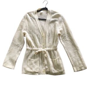 Vintage Belted Cardigan Womens 70s Cream Knit Sweater Tie Button Up Pockets M